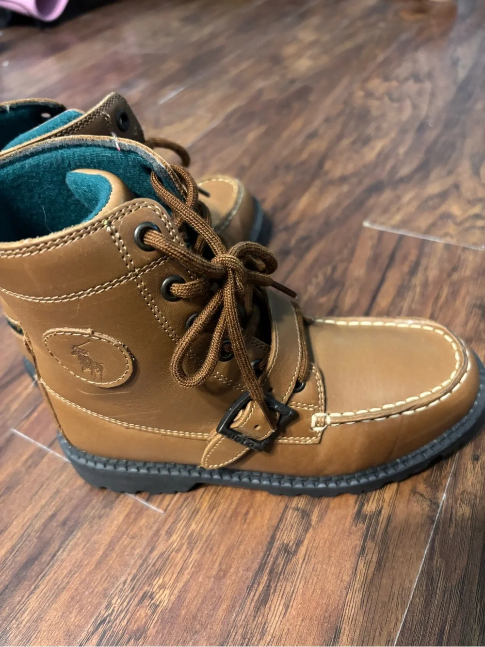 Ralph Lauren Tan Leather Kids Lace-Up & Strap Boots with Teal Lining